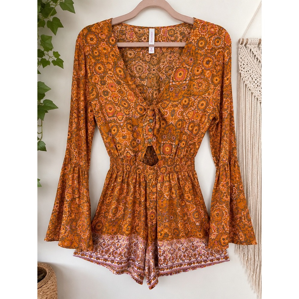 Boho Festival Romper M Orange Floral Bell Sleeve Cutout Tie Front Romper
